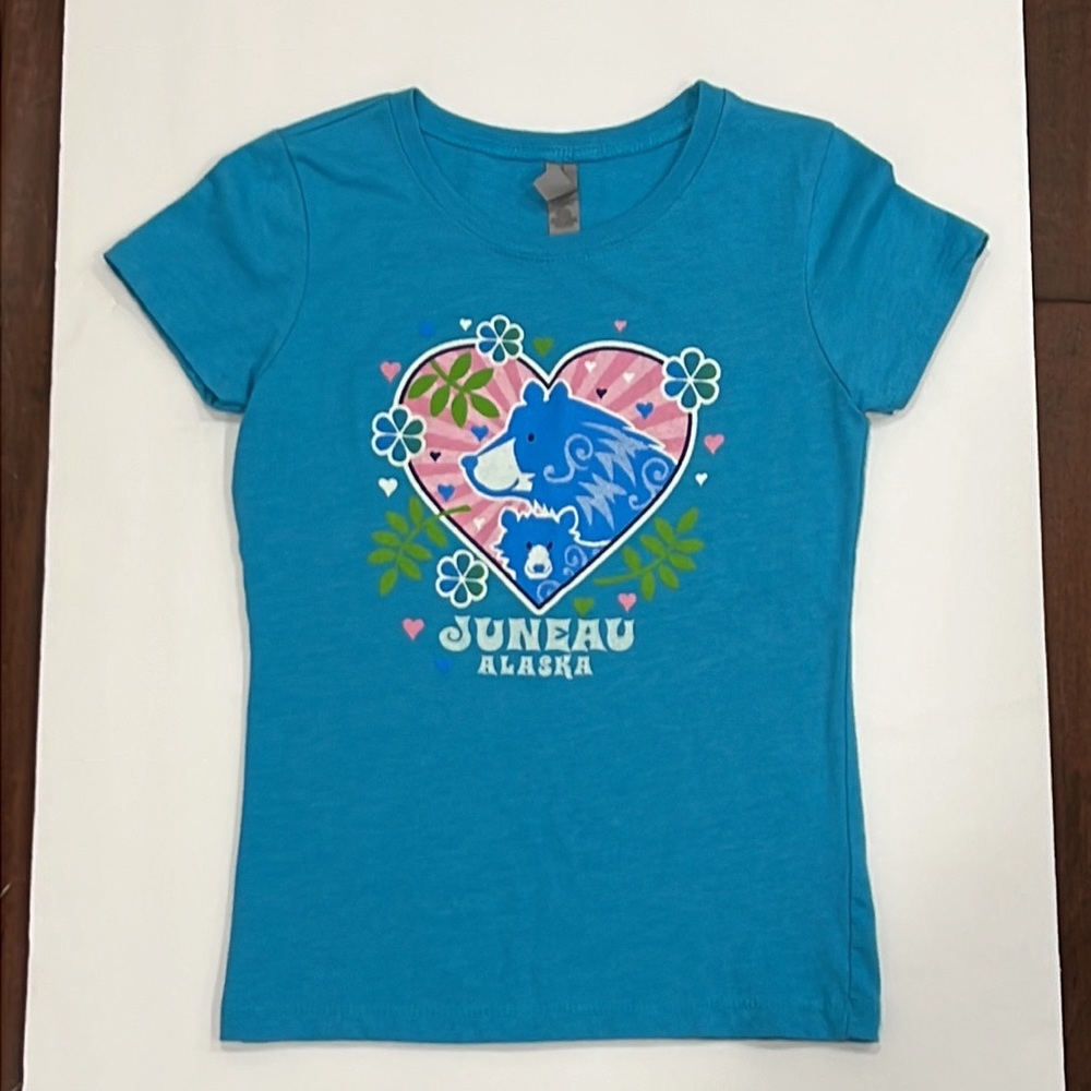 Girls Blue Alaska T-Shirt Graphic Tee Juneau Mama and Baby Bear Medium 7-8